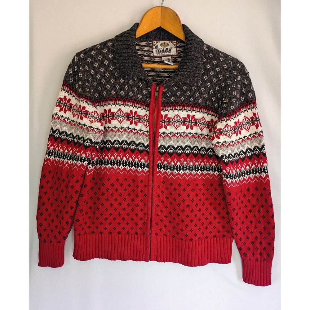 Tiara International Women's Cardigan Knit Sweater Sz M Collar Full Zip Vintage